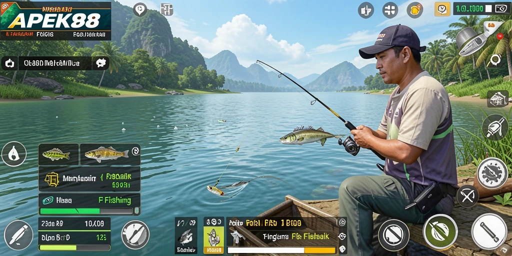 Screenshot gameplay APEK88 dengan suasana memancing yang menakjubkan.