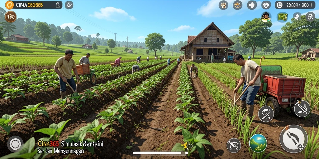 Screenshot gameplay <strong>CINA365</strong> yang menunjukkan aktivitas bertani yang menyenangkan.
