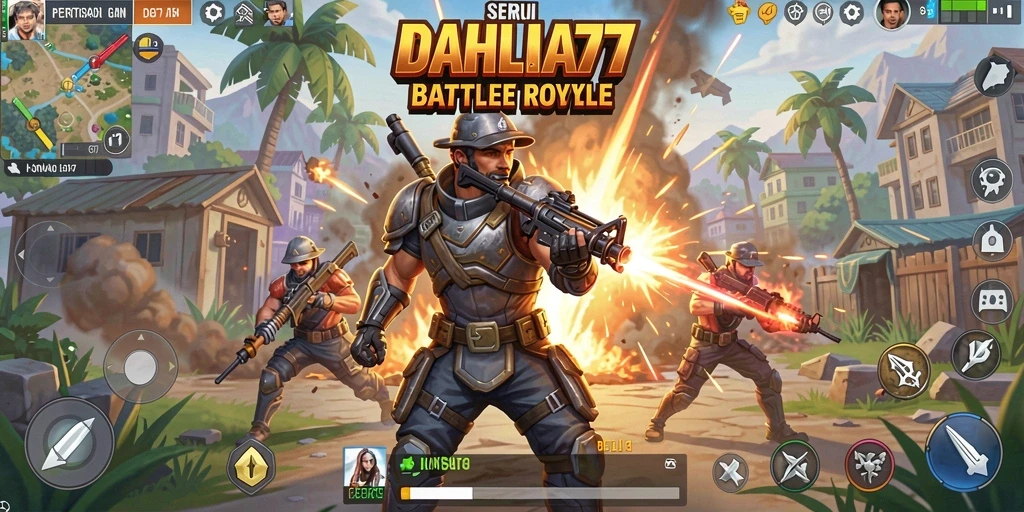 Screenshot utama DAHLIA77 menampilkan aksi seru di lapangan pertempuran Battle Royale.