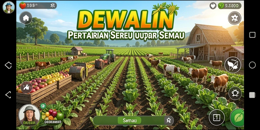 Screenshot gameplay DEWALIN menampilkan kebun yang subur dan hewan yang bahagia.