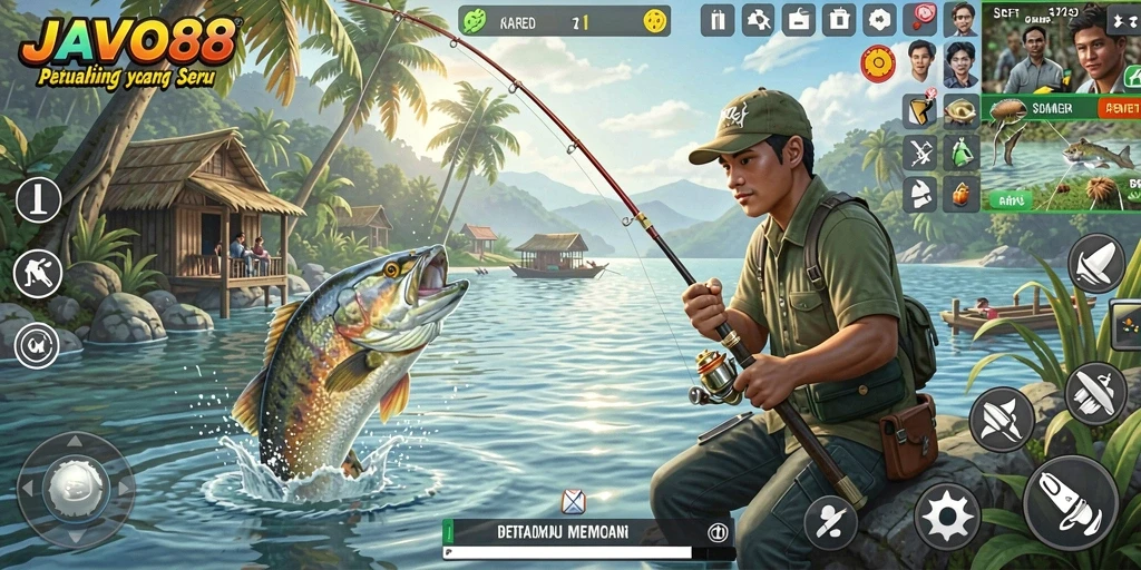 Tampilan gameplay yang menakjubkan dalam JAVO88 saat memancing ikan.