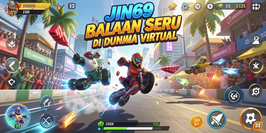 Tampilan gameplay JIN69 dengan mobil balap beraksi di lintasan.