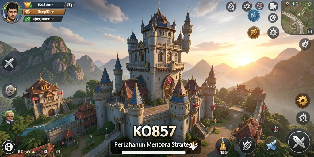 Screenshot gameplay KO857 yang menunjukkan menara bertahan melawan gelombang musuh.