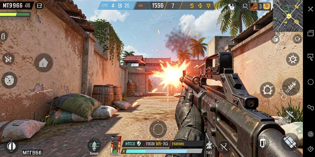Tampilan gameplay seru dalam MT966 saat pertempuran berlangsung.