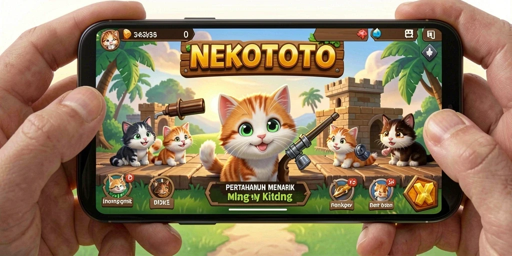 Screenshot gameplay NEKOTOTO menampilkan strategi Tower Defense yang inovatif.