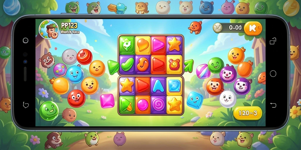 Tampilan gameplay seru PP123 dalam pertempuran Match-3.