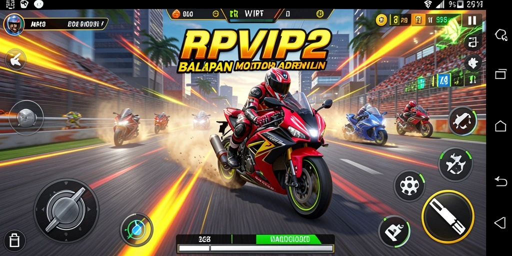 Screenshot gameplay RPVIP2 menampilkan aksi balapan motor yang mendebarkan.