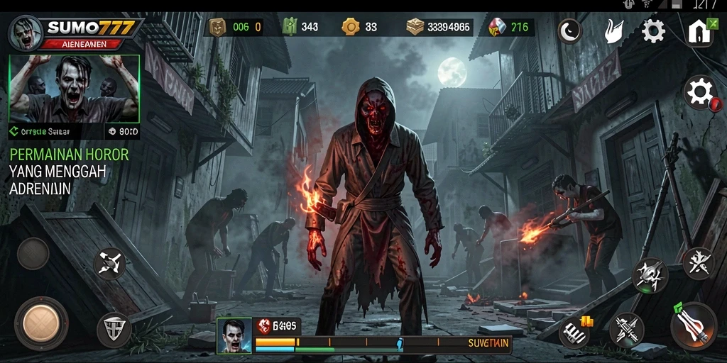 Gameplay SUMO777 yang menampilkan suasana horor mendalam.