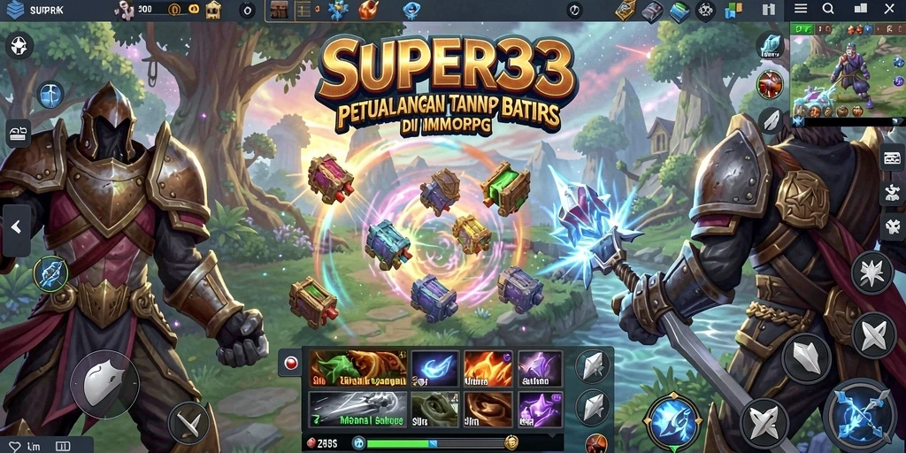 Gameplay SUPER33 menampilkan pertarungan epik di dunia fantasi.